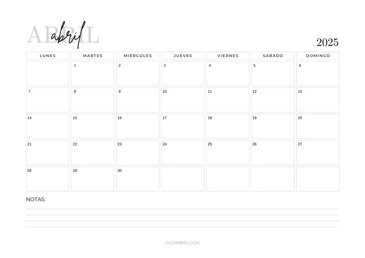 calendario para imprimir abril 2025 bonito, minimalista y femenino