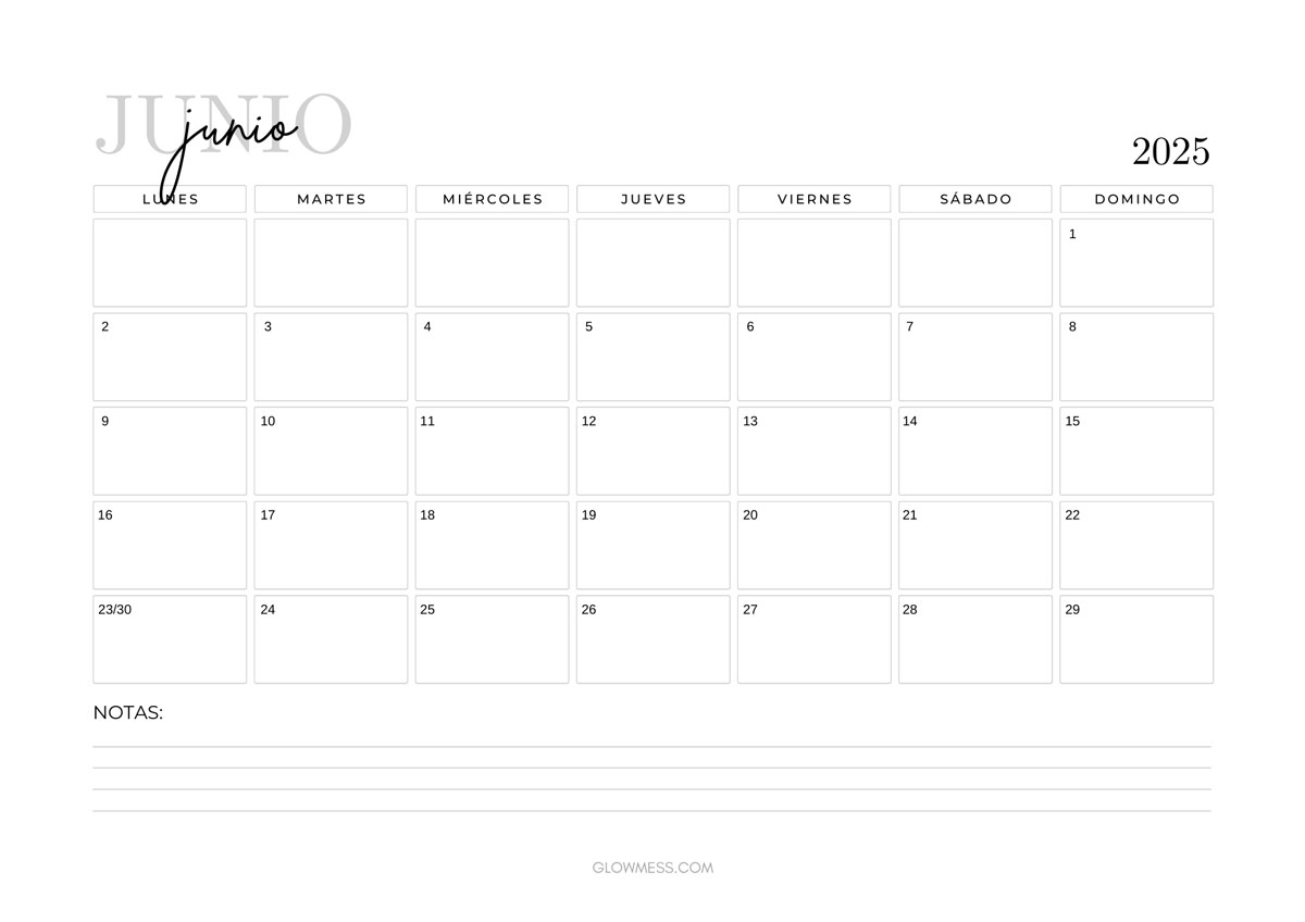 calendario para imprimir junio 2025 bonito, minimalista y femenino
