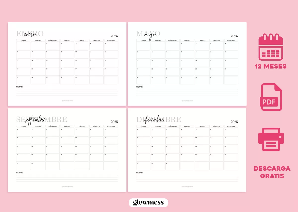 calendario para imprimir 2025 con diseño bonito, minimalista y femenino