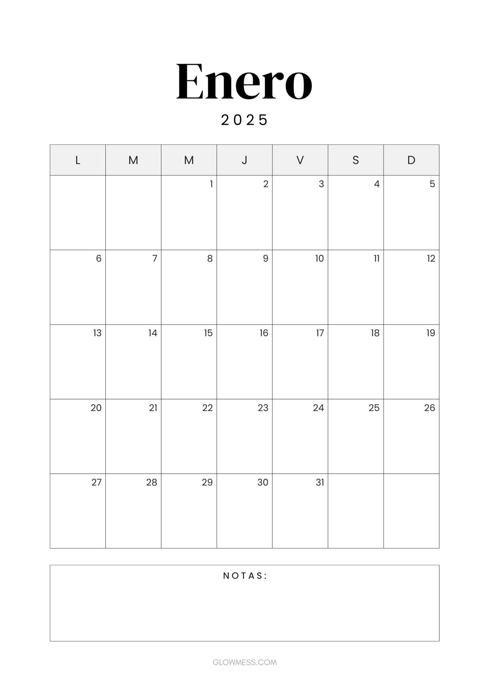 calendario para imprimir enero 2025 vertical