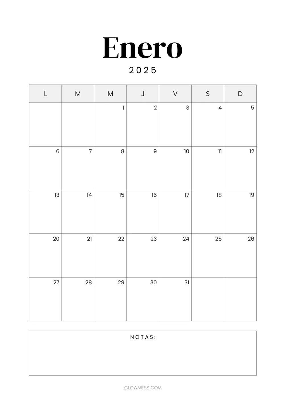 calendario para imprimir enero 2025 vertical