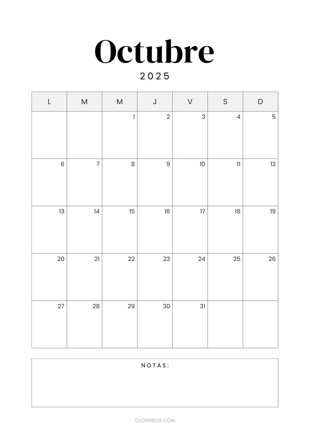 calendarios para imprimir octubre 2025 verticales