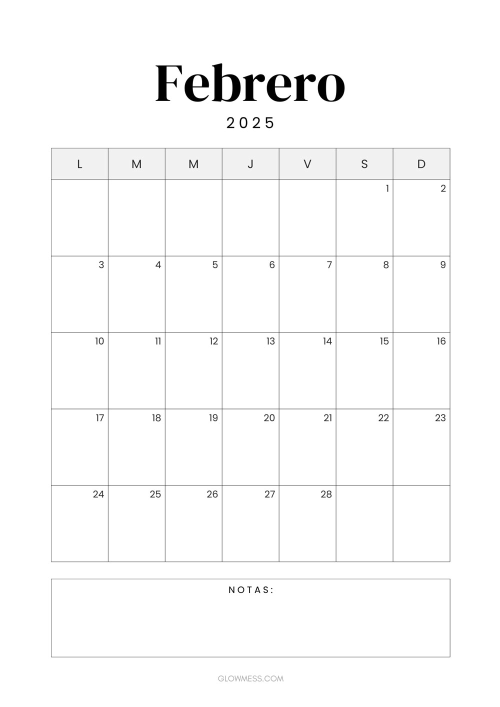 calendario para imprimir febrero 2025 vertical