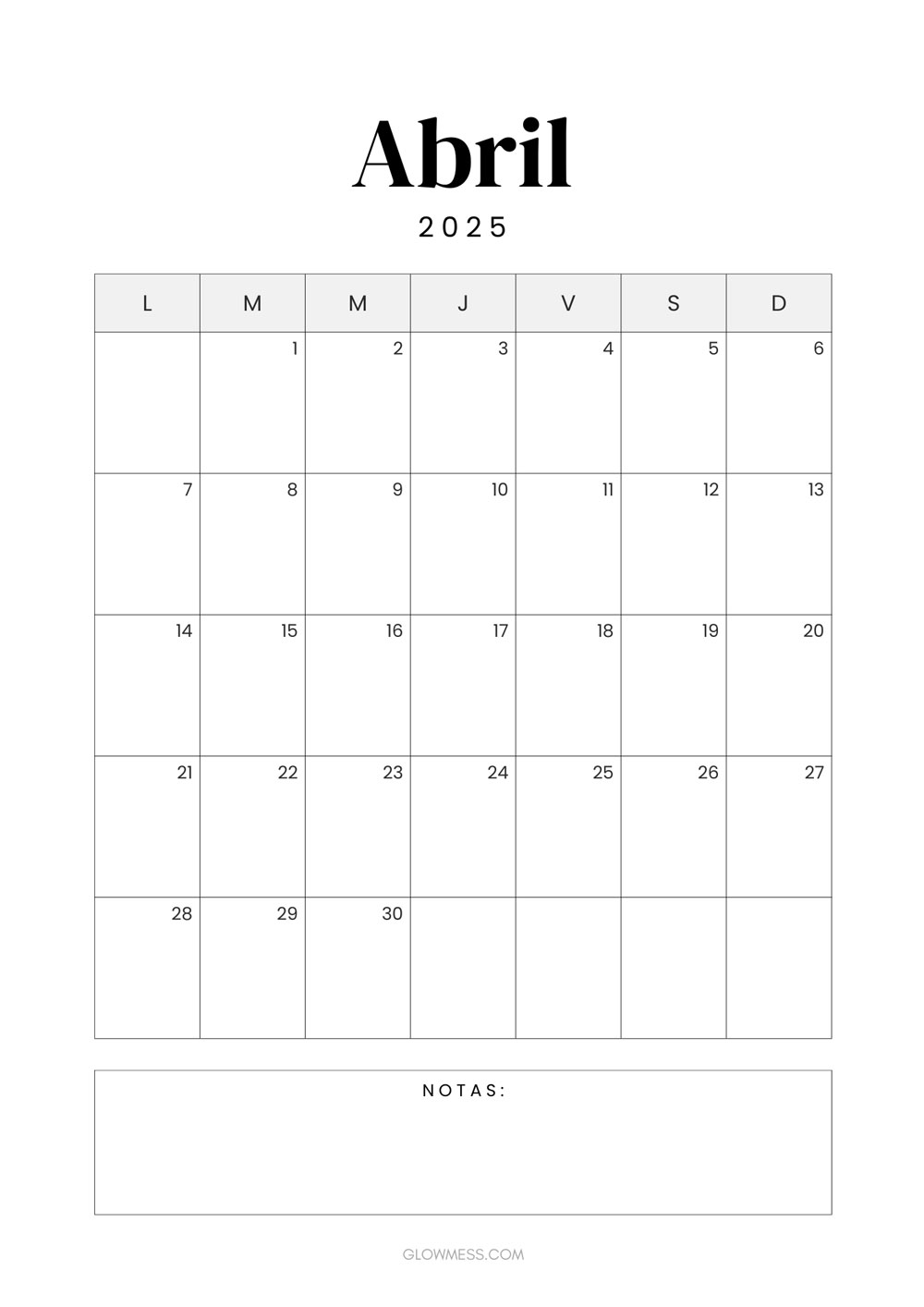 calendario para imprimir abril 2025 vertical