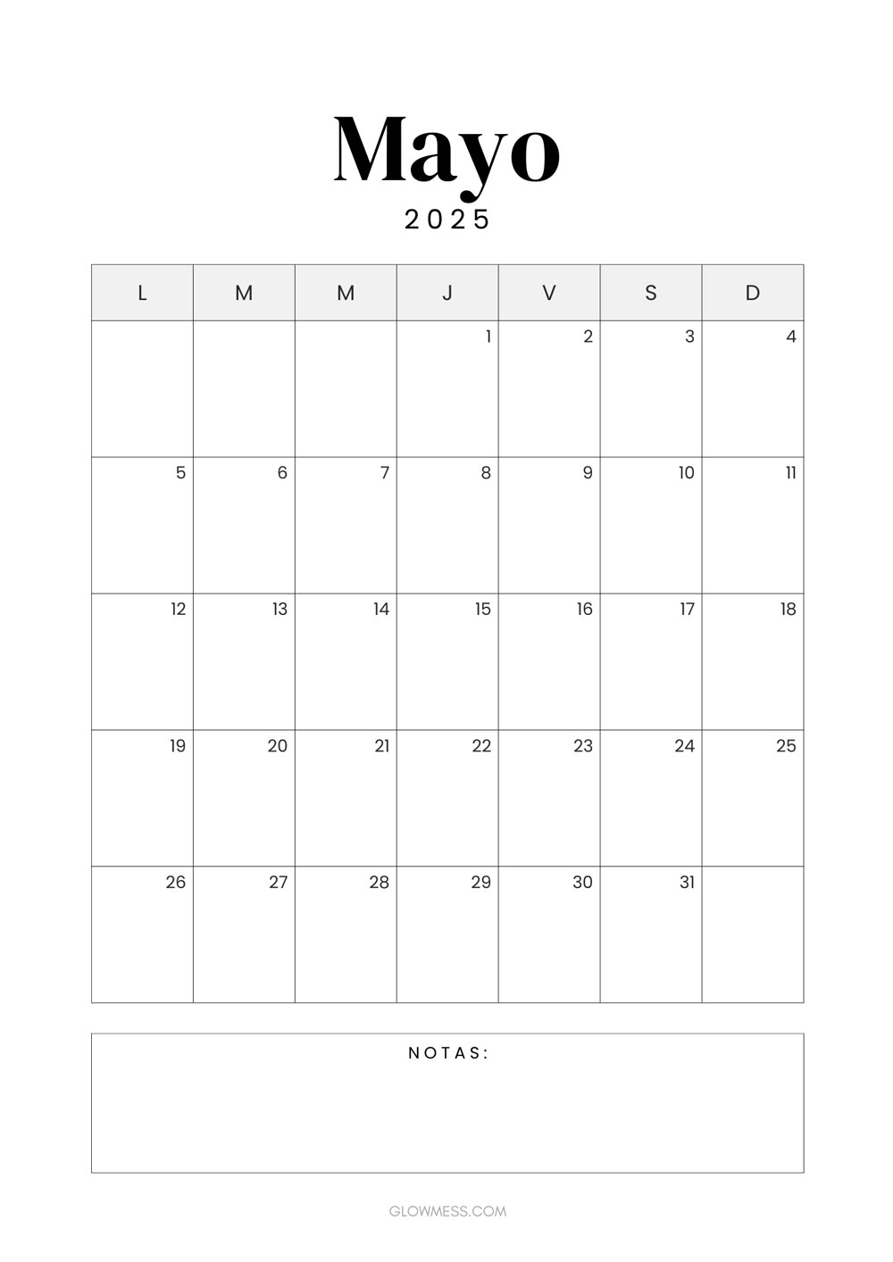 calendario para imprimir mayo 2025 vertical