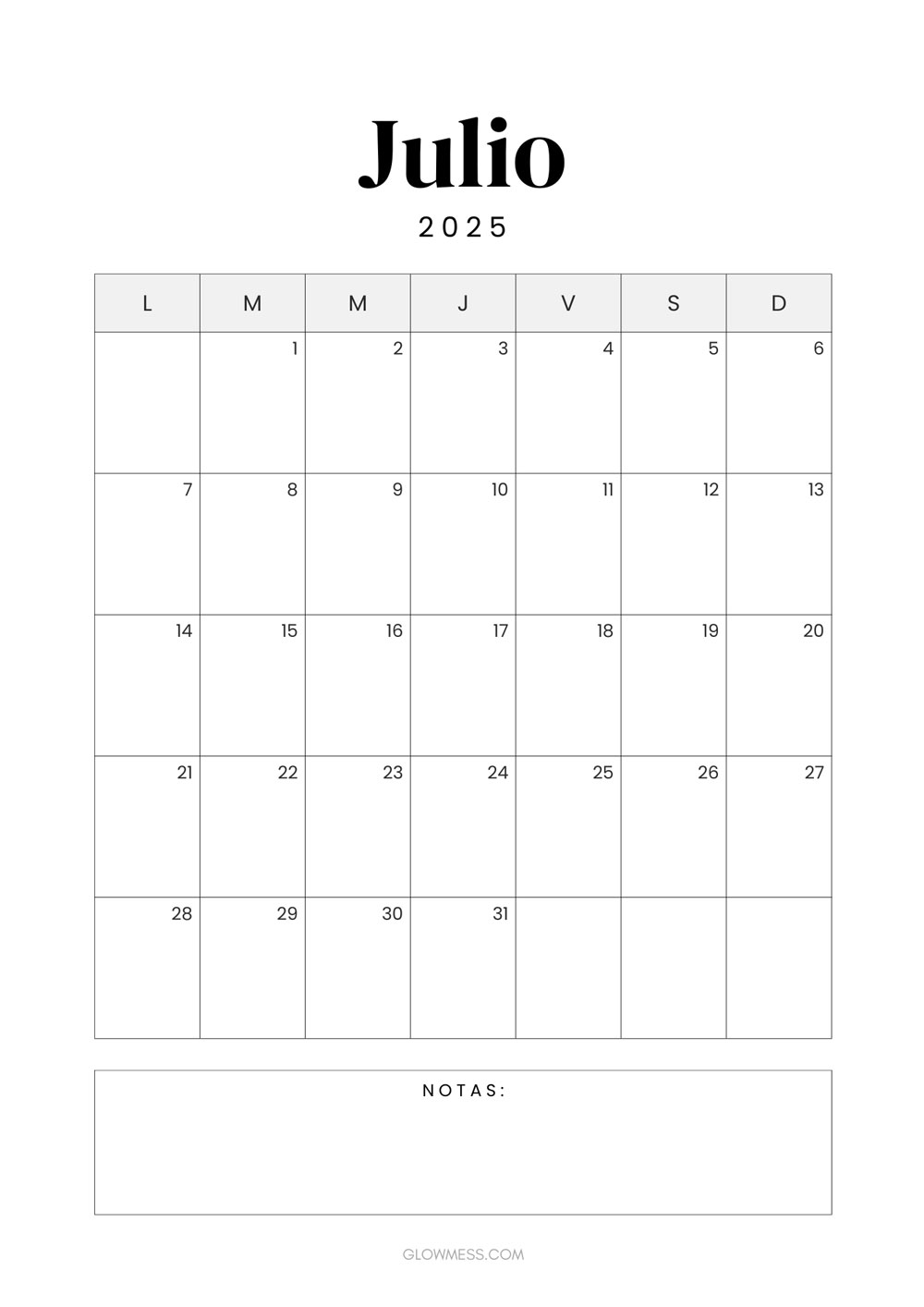 calendario para imprimir julio 2025 vertical