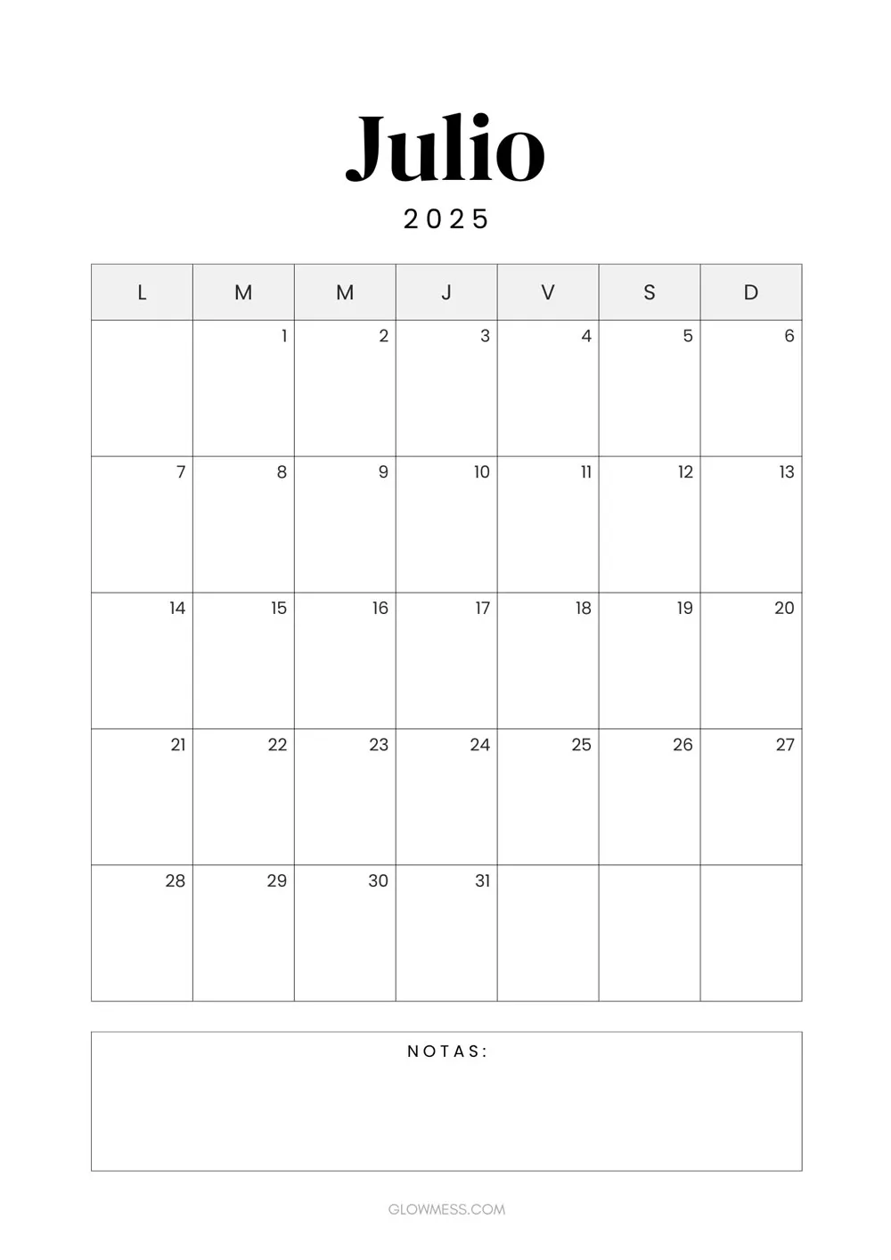 calendario para imprimir julio 2025 vertical
