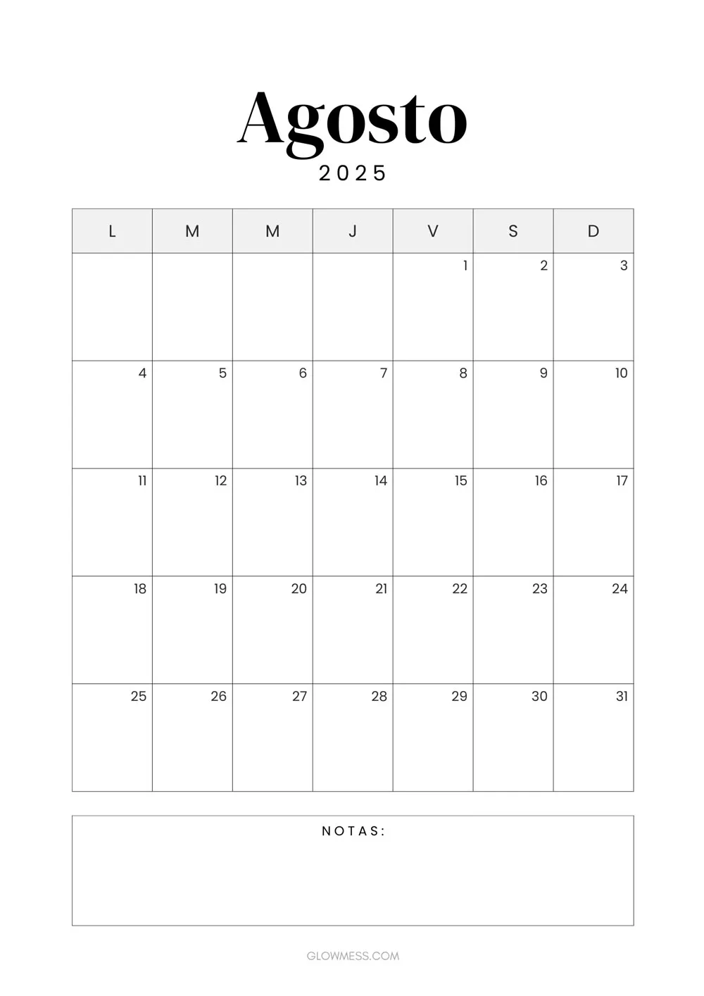 calendario para imprimir agosto 2025 vertical