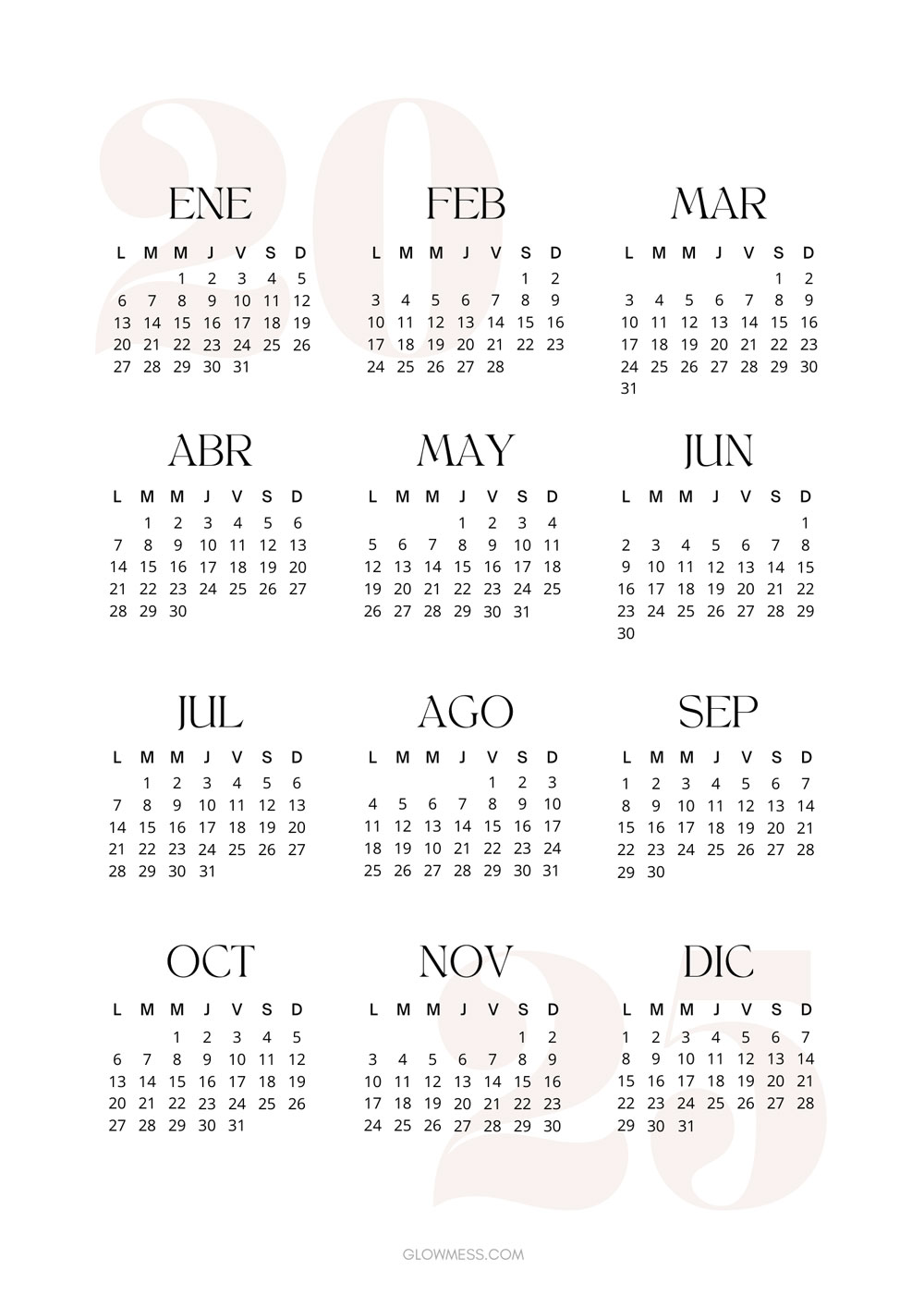 calendario anual aesthetic imprimible