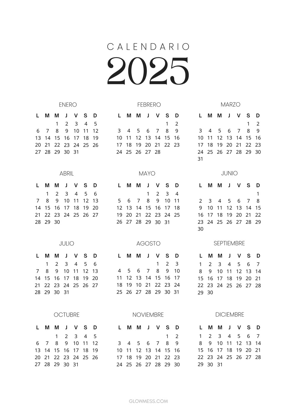 calendario 2025 minimalista y elegante para imprimir