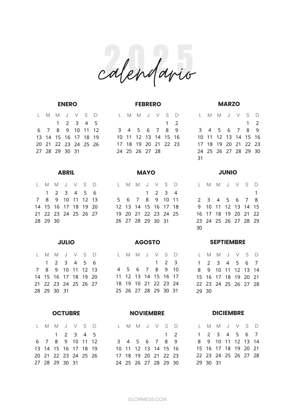 calendario 2025 para imprimir femenino y bonito