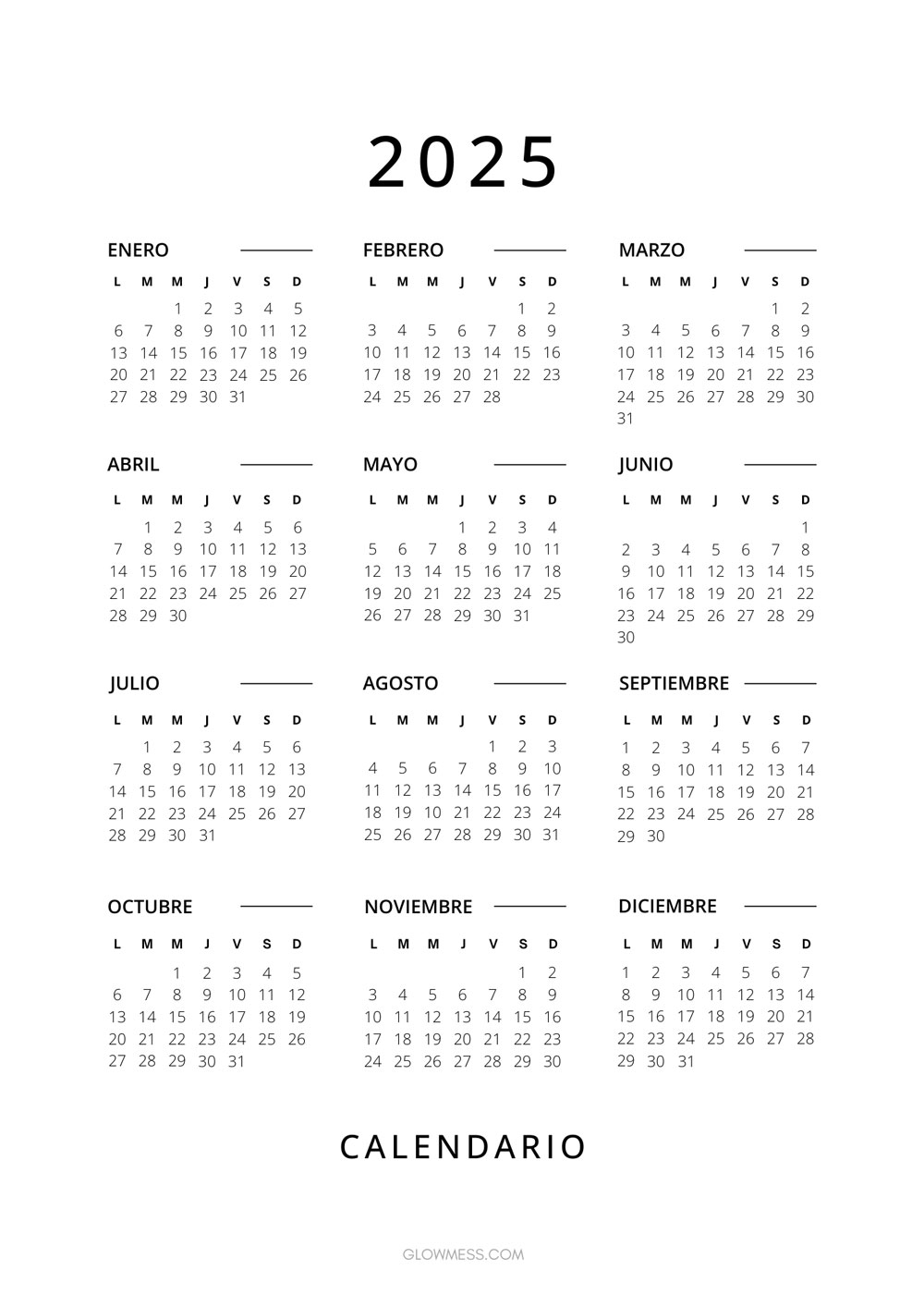 calendario anual imprimible minimalista en documento a4