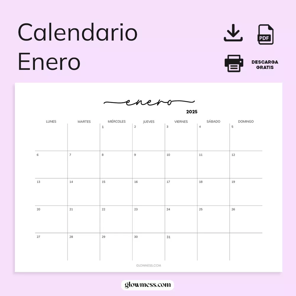 calendario enero 2025 para imprimir con dise&ntilde;o bonito, femenino y aesthetic
